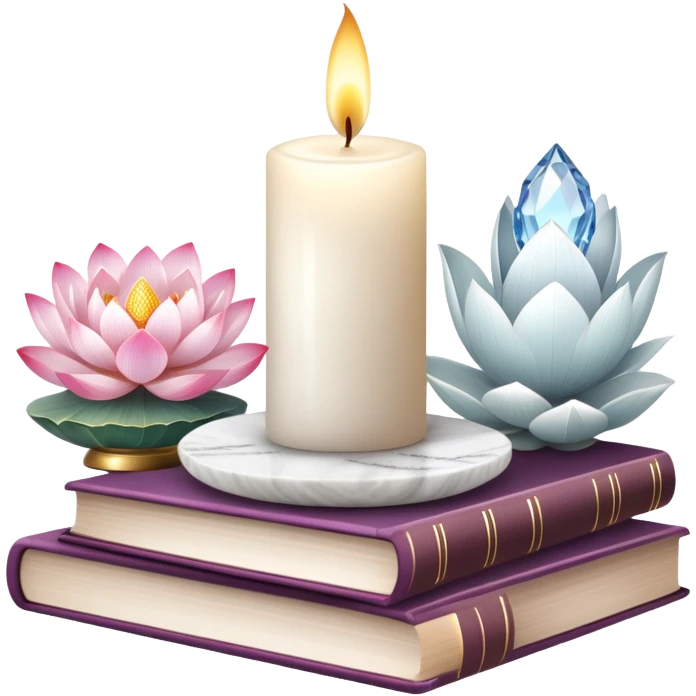 Aesthetic candles, flower petals, books, marble stand, crystal stones, lotus, feathers, zen, decoration, meditation,  emoji