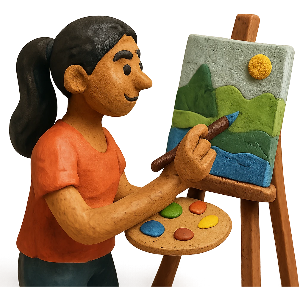 tanned woman artist with long black hair in a ponytail, painting a landscape at an easel, holding a paint palette and brush, claymation style emoji