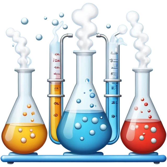 An icon featuring chemical flasks with tubes, representing hydrolysis, along with liquids, powders, and chemical formulas. The design includes molecules and reaction symbols, symbolizing the study of chemical processes and compounds. Transparent background highlights the science of reactions. emoji