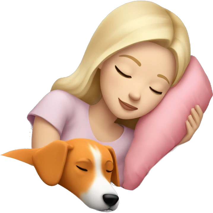 White blonde girl who sleeping peacefully with his orange dog in a bed with a white pillow and a pink blanket emoji