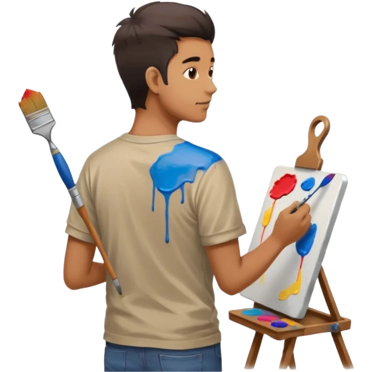 the artist stands with his back to the painting, painting a portrait emoji