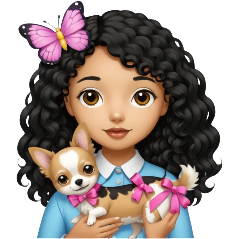 a girl light to medium tan skin with olive skin tone Long black curly hair cut butterfly carrying a white chihuahua dog with a cute ribbon emoji