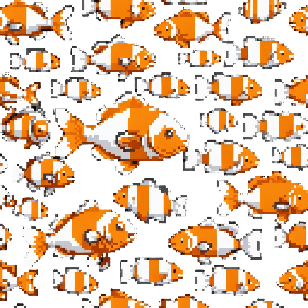 A pixelated clown fish with orange and white pattern emoji
