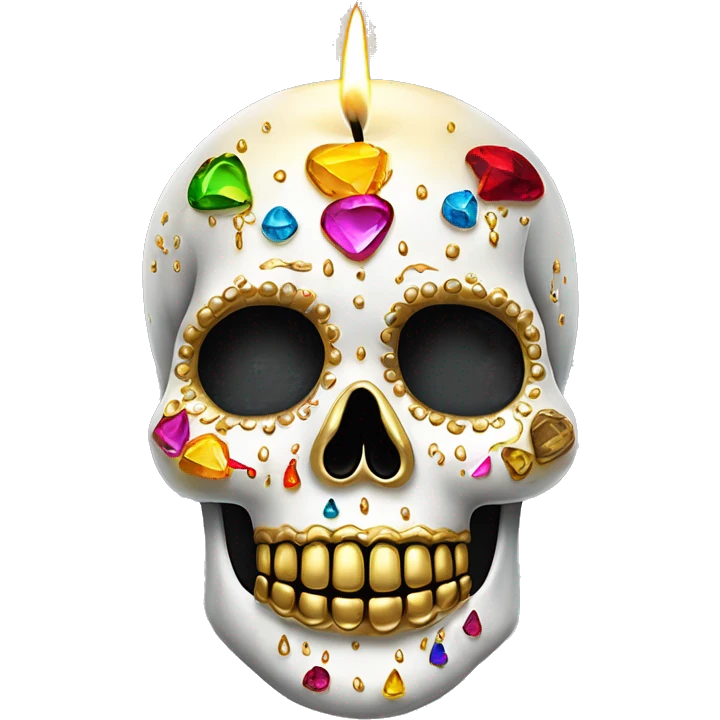 Realistic white sugar skull decorated with colorful rhinestones with a metallic gold candle on top of its head dripping down melted metallic gold wax down the skull emoji