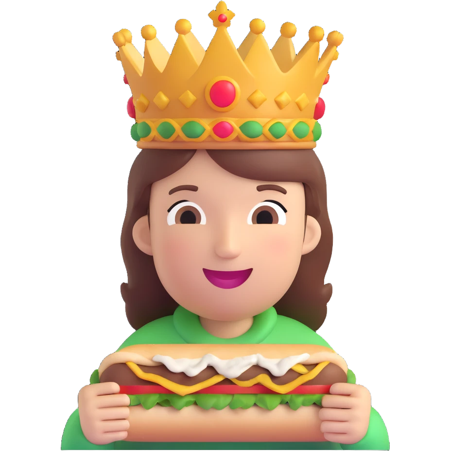 cheerful relaxed half-body person with a crown, eating a delicious döner kebab, simple bright playful emoji style emoji