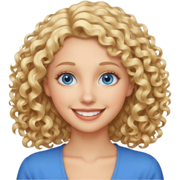 Woman with blonde curly shoulder-length hair, big blue eyes, wide smile emoji