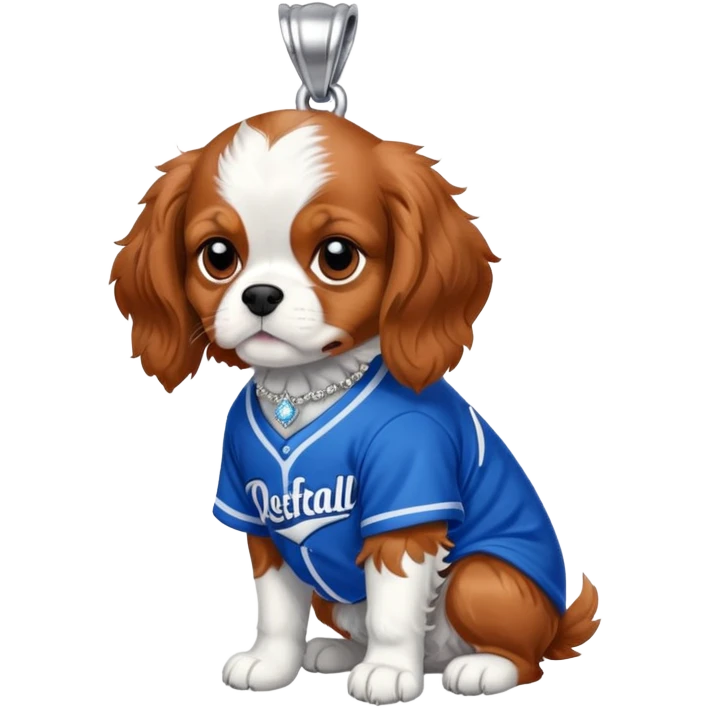 king Charles cavalier puppy with diamond necklace and blue and white softball jersey emoji