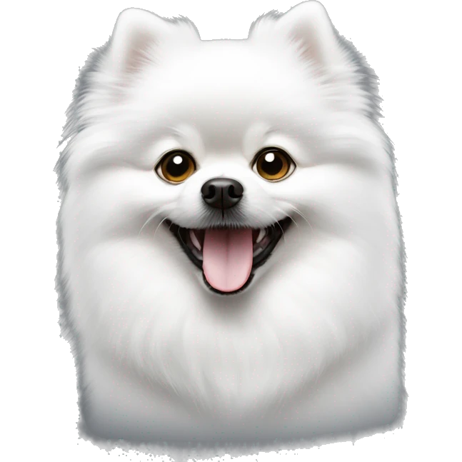 Most pure White small pomeranian with dark black eye, smile emoji