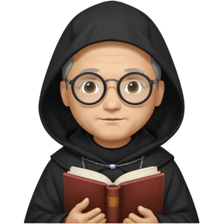 Monk priest prayer black habit with hood round black glasses done light brown wavy hair under hood remove the medallion smaller more round glassed age 46 no necklace more oval face hand holding book that says RB 480 top left is great add a little hair brown gray under hood  emoji