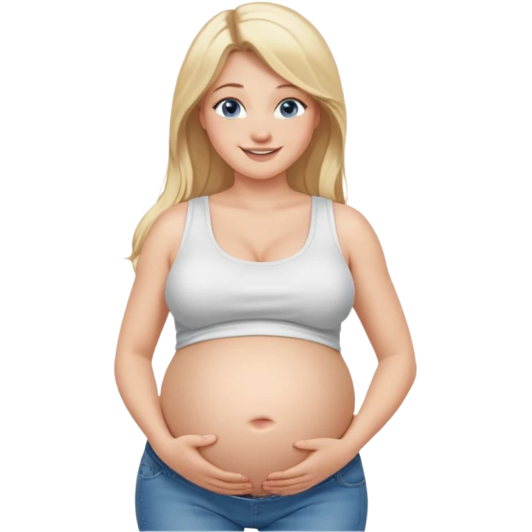 White girl, long blonde hair, white tank crop top, smiling, bare midriff, blue eyes, huge round pregnant belly, jeans, side view emoji