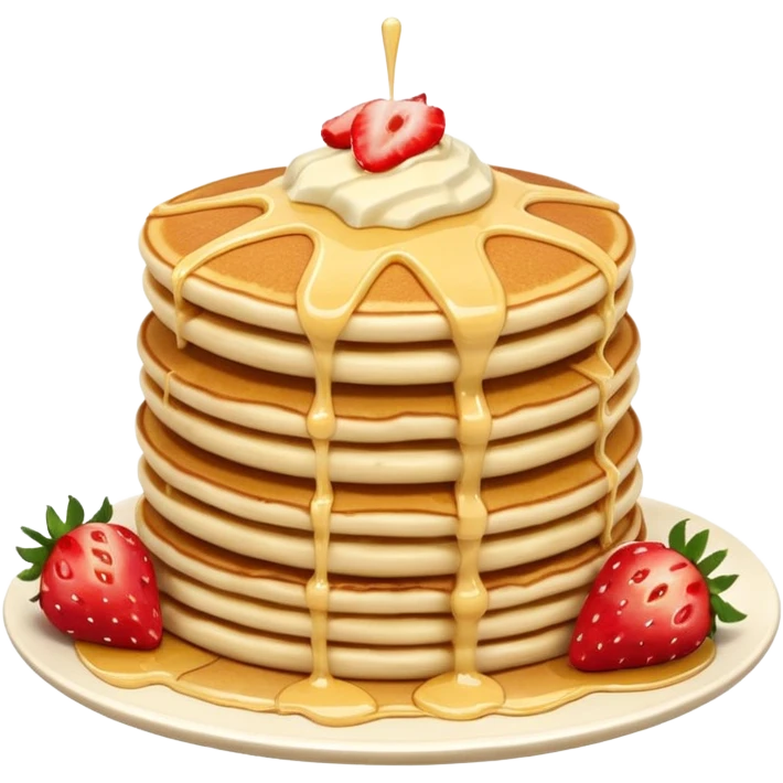 a stack of pancakes with melted white chocolate drizzle and strawberries emoji