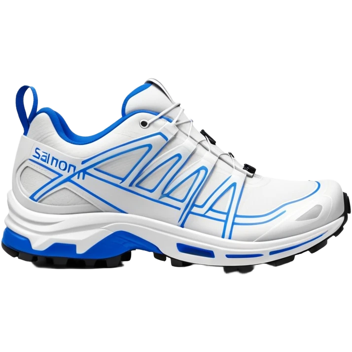 Minimalist white Salomon XT-6 shoes with only a blue colored line running through the middle, one shoe positioned behind the other, pure white everywhere else, iOS emoji style emoji
