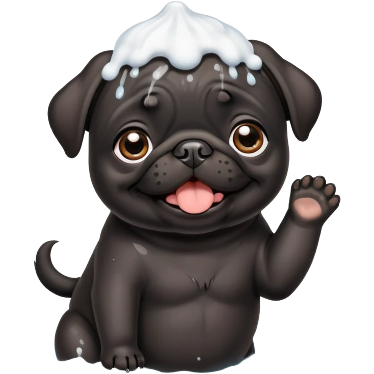 Happy adorable beautiful Black pug puppy with bath foam on top of his head emoji