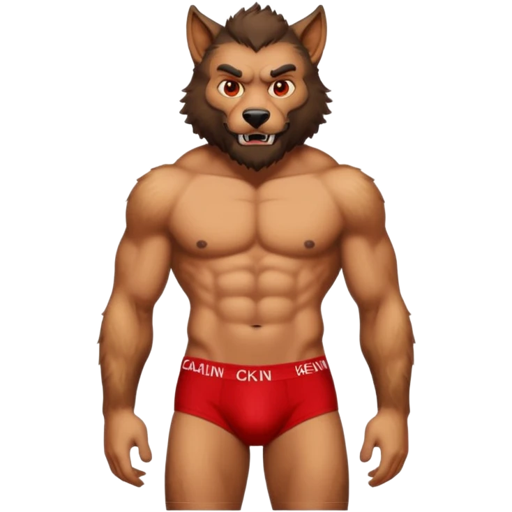 strong hairy werewolf wearing red Calvin Klein style briefs, emoji style emoji