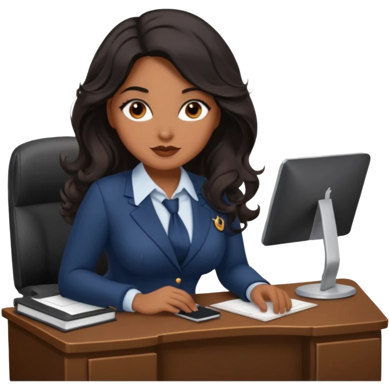 Curvy woman with brown skin with long wavy black hair, brown eyes. She's dressed as a sexy secretary sat on a desk emoji