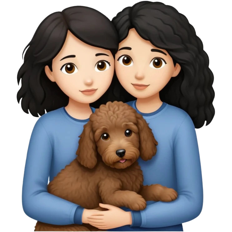 a girl with medium long black hair, hugging a little brown coated labradoodle. emoji