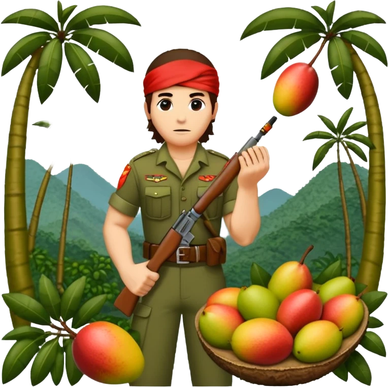 quiero que crees la imange de un Mango con Brazos fuertes y piernas como las de un culturista, que lleve uniforme militar de selva y que tenga pelo largo y una bandana roja en la cabeza como la de rambo y tambien que este en posicion de ataque con una ametralladora pixelart emoji