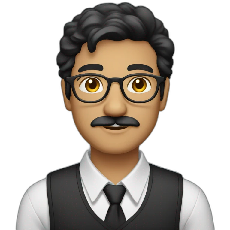 a light skin Pakistani man, wearing round glasses, short moustache, black hair, collared shirt, structured manly face emoji