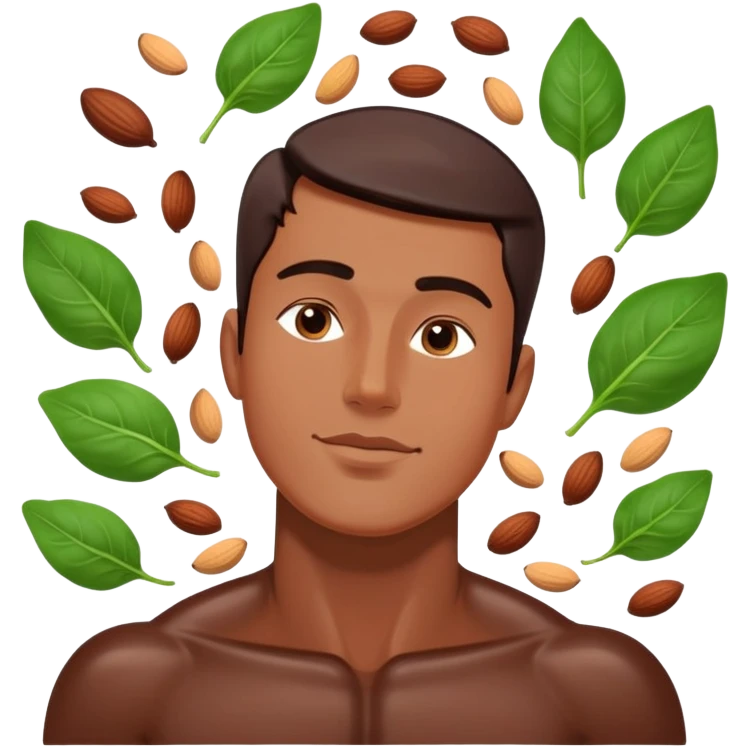 Relaxed male figure surrounded by floating foods: large pieces of shiny dark chocolate prominently displayed, with spinach leaves, almonds, and seeds. Soft light connecting these magnesium-rich foods to muscles and nervous system, showing a soothing effect on the man's body. emoji