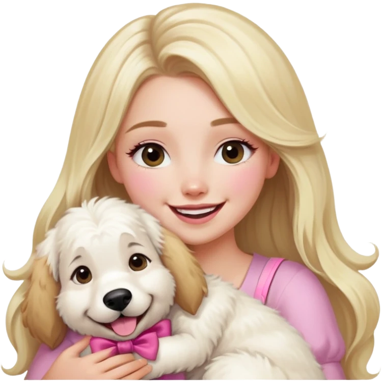 Pretty blonde bombshell girl with long hair and highlights. She has long eyelashes and a pink bow in her hair. She is hugging a very huge press Pyrenees dog and they are both laughing  emoji