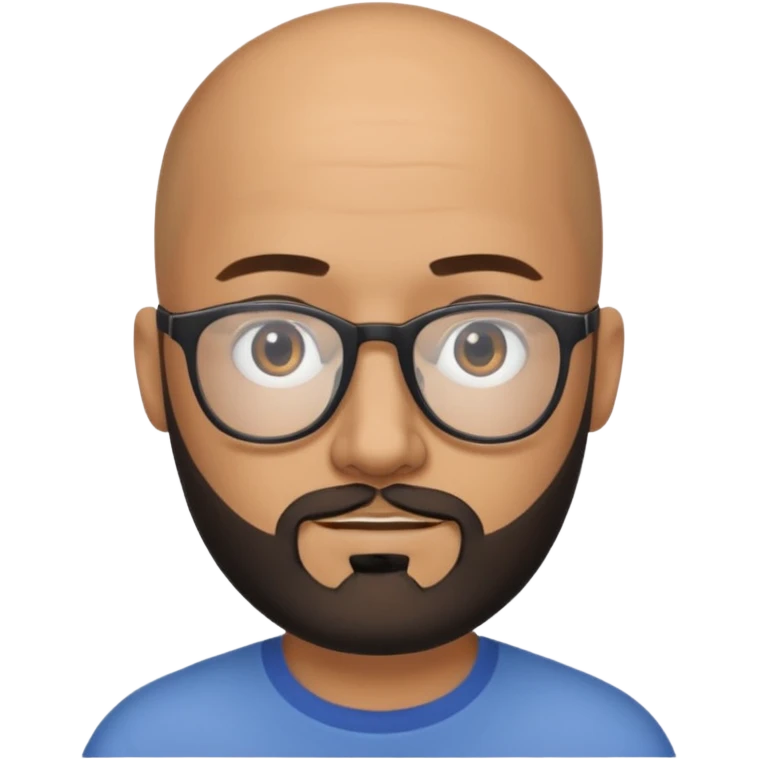 Homem com 30 anos careca com barba PRETA aparada e com óculos emoji