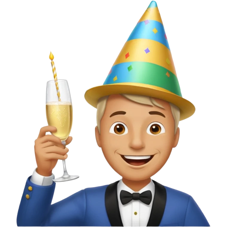 A happy man in party clothes laughs while drinking champagne straight from the glass. emoji