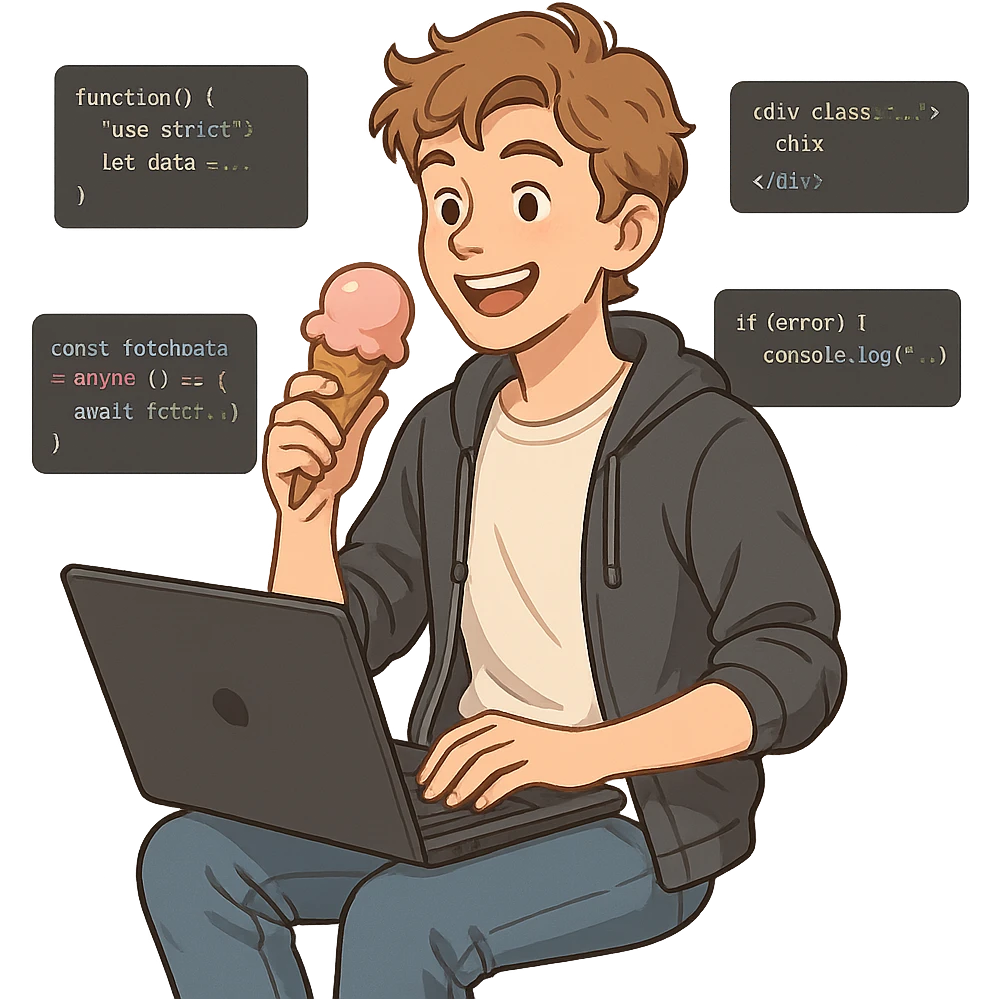 a white adolescent enjoying ice-cream, coding on a laptop, surrounded by code snippets, busy and cheerful, modern casual outfit emoji