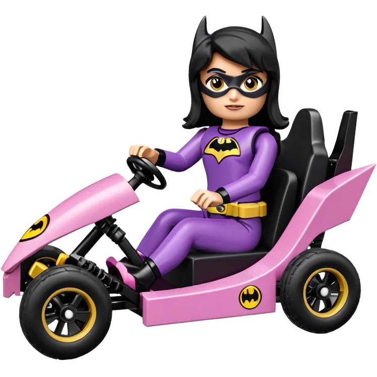 full size real-appearance electric road racing sexy BatGirl’s feminine midnight-colored tight outfit sixty’s tv show Lego dark stealthy accurate sporty safe plush deluxe off-road pursuit cruiser car rose gold accents (black hair,reclined and relaxed torso and shoulders seating position) go kart  emoji