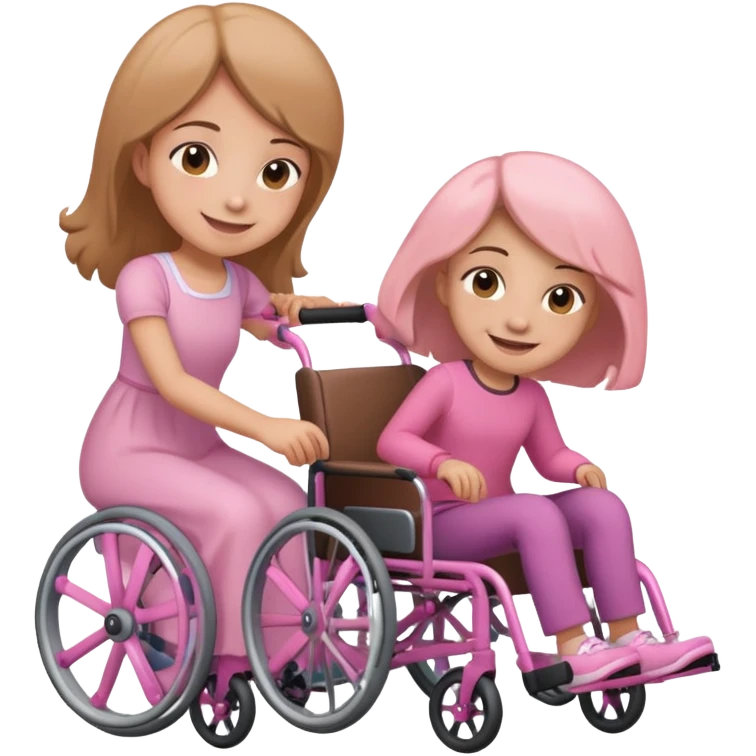 One light brown sister pushing her brown sister in a pink wheelchair emoji