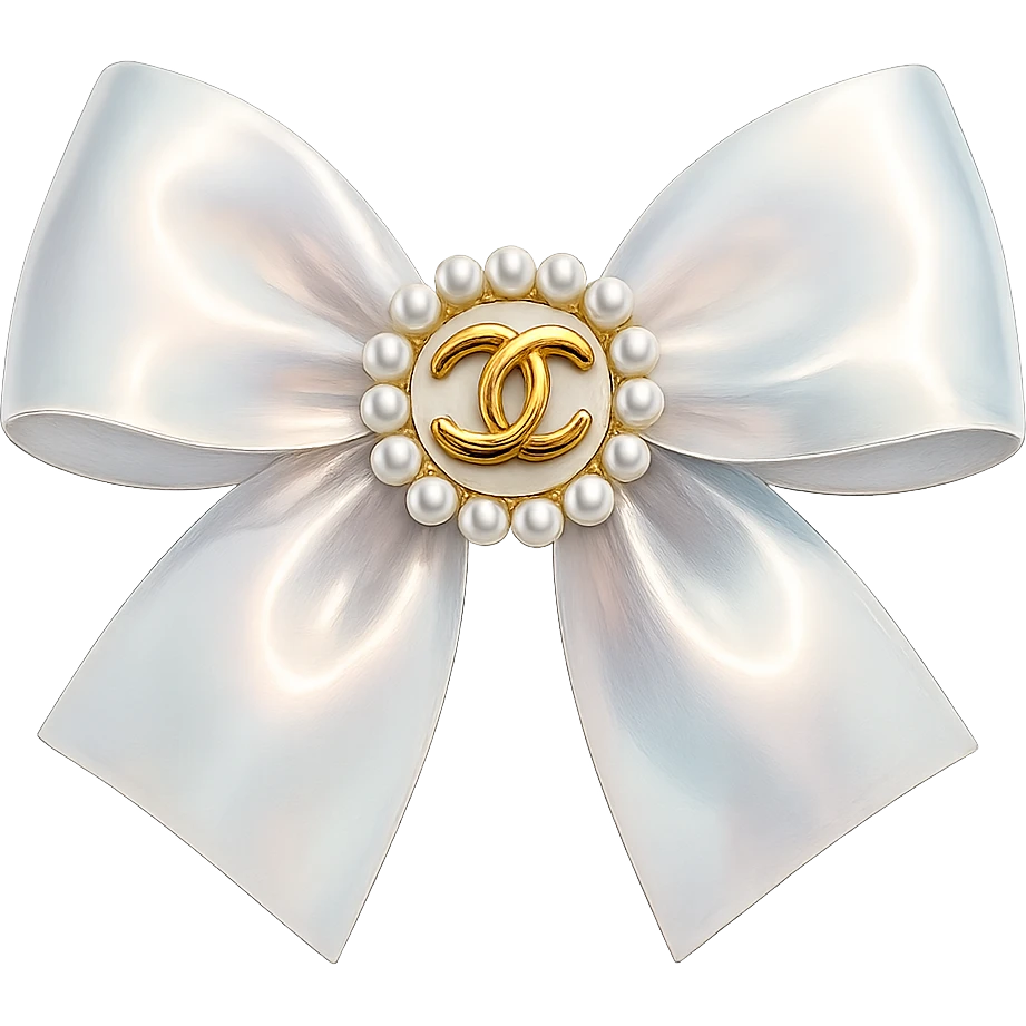 Remove the background, keep only the elegant bow with pearls and gold Chanel logo, glossy, pastel colors, realistic style, with no background. emoji