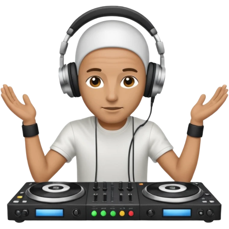 White dj mixing with dj booth, headphone on head, no cap, not bald,  emoji