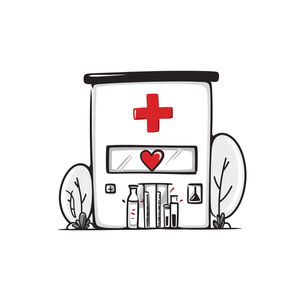 Modern clinic building with glass facade, featuring a red cross sign, test tubes on display, and a subtle heart icon, clean and medical appearance emoji