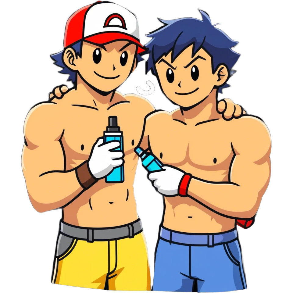 Hot handsome muscular 6ft 5inch tall smiling happy fun shirtless Ash Ketchum hugging his best friend while using a vape emoji