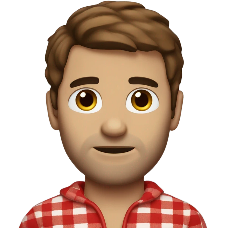 Man with brown hair and brown eyes wearing red buffalo plaid pjs emoji