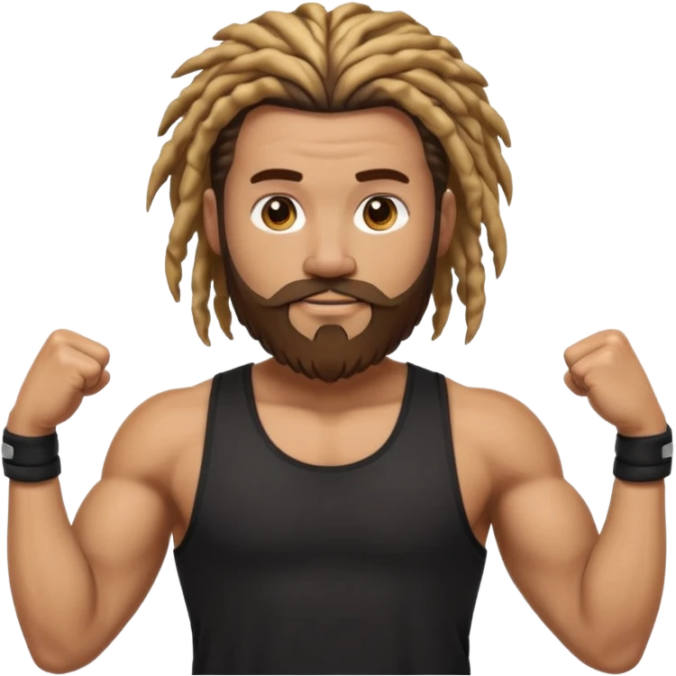 strong male personal trainer emoji, black tank top, big beard, dreadlocks only on top of head with blonde tips, shaved sides, clenched fist pose in front, confident look emoji