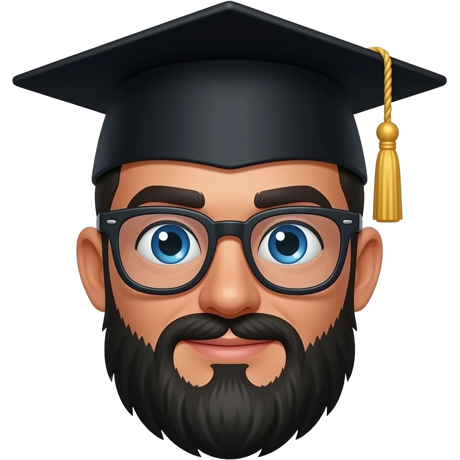 med-white emoji face with blue star eyes, black beard, wayfarer glasses, graduation cap with gold tassel, cartoon style, white background emoji