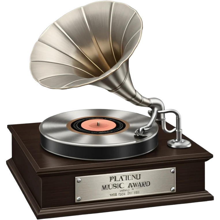 A platinum music award plaque: a square, polished platinum plate with a subtly textured, mirror-like finish, mounted on a simple dark wood base. The center features a relief of a vintage gramophone or stylized vinyl record in a slightly darker metallic tone.  emoji