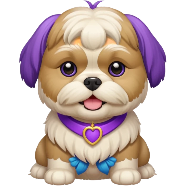 generame la imagen de un perrito raza chitzu de color cremita, totalmente cremita sin esos colores marron oscuro en su cara, hazla un poco sonriente y con su pechera morada emoji