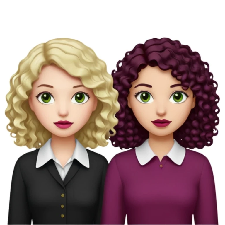 Una chica con el cabello ligeramente ondulado, rubio no tan oscuro, labios en un tono rosa, ojos café y una blusa blanca. Al lado otra chica con el cabello negro rizado, ojos verdes, labios color vino tinto y una blusa negra emoji