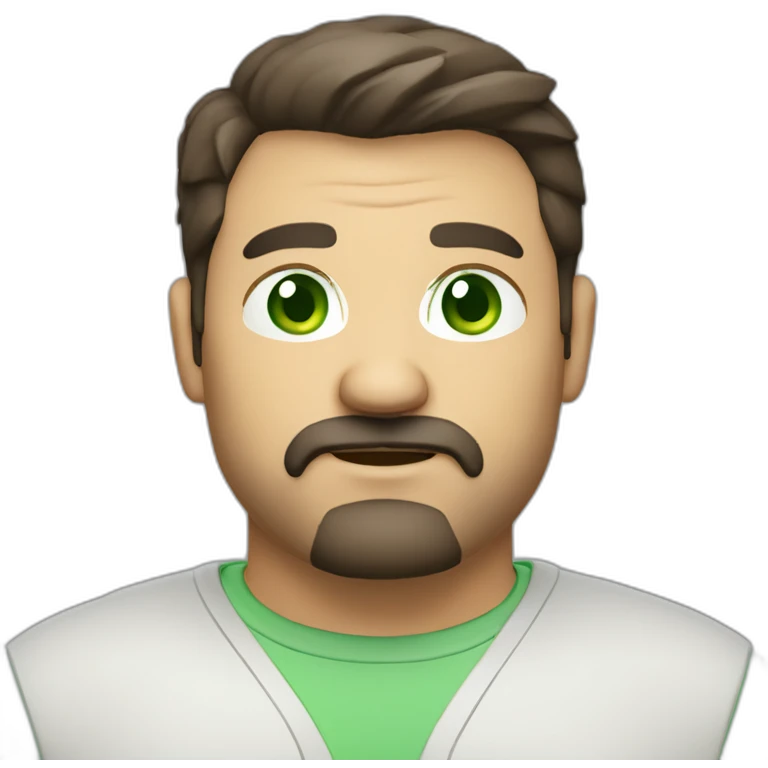 fat middle aged developer short dark brown graying hair goatee with green eyes emoji