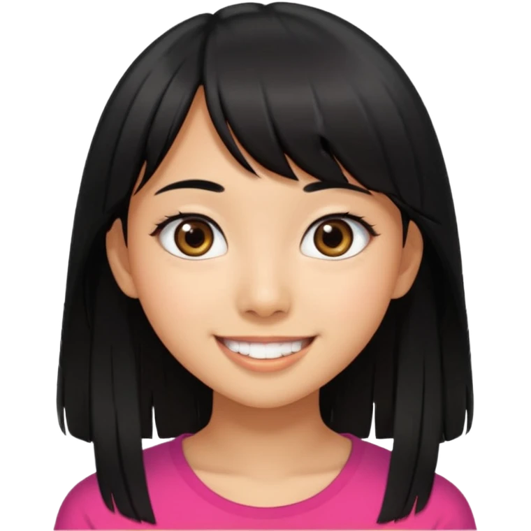 20 yr old asian woman hair  center part big eyes big smile tanned skin straight black hair center part hair long bangs emoji