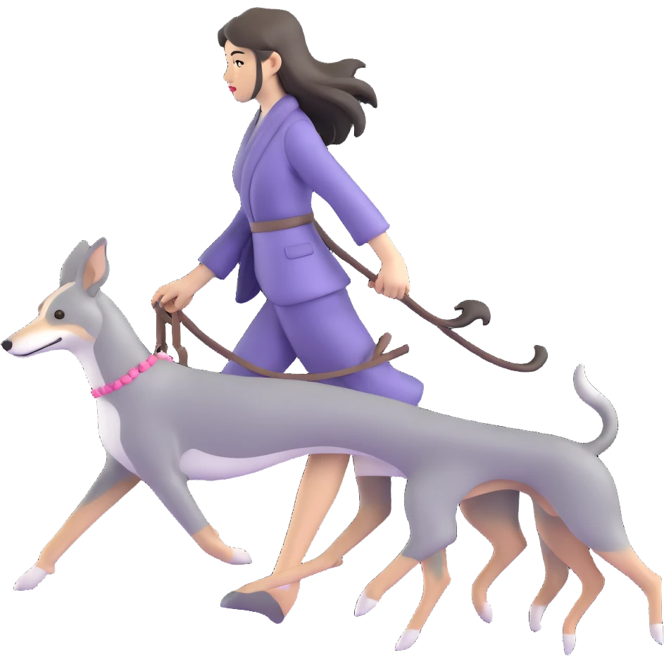 Japanese girl with flowing hair walking a solid grey greyhound with cherry blossoms in the background emoji