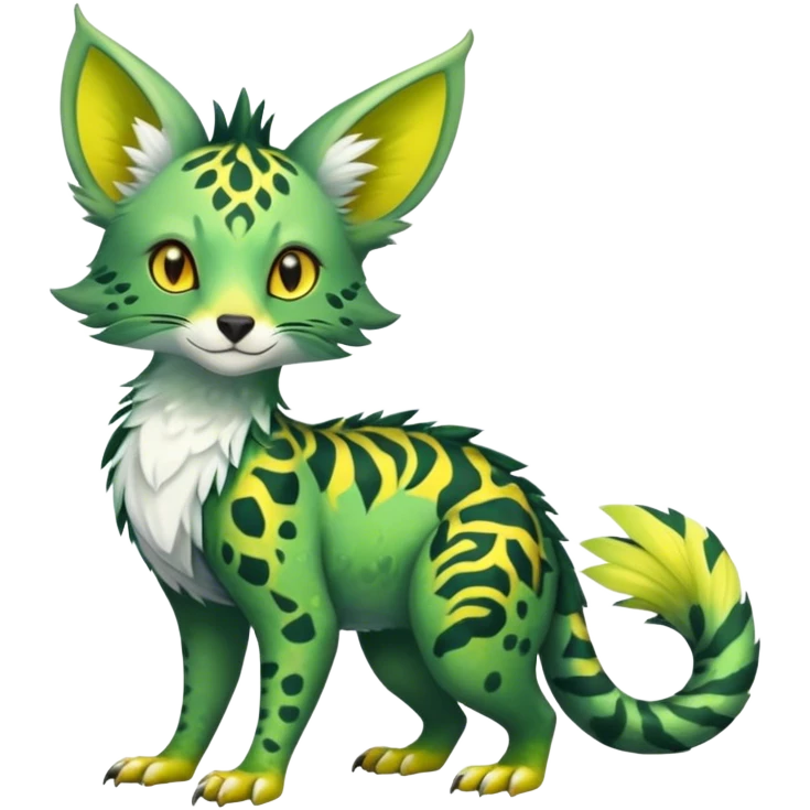Feral Rare Fantasy vibrant tropical Vernid-Trico-species by LiLaiRa, random markings, tufted tail, tufted ears, full body emoji