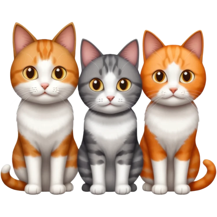 3 different coloured short haired cats including; a dark brown tabby and white cat, and a dark grey and white  emoji