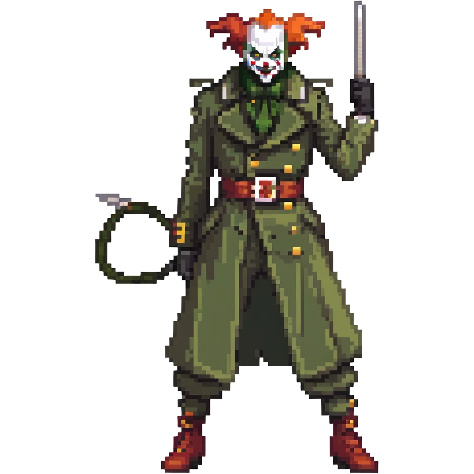 evil clown soldier, bald, small black horns on forehead, fangs, pointed ears, eye patch over one eye, long coat over black and military green clothes with bellbottom pants, tail, holding a whip, no knife, realistically proportioned, less bulky, full body, fighting stance emoji