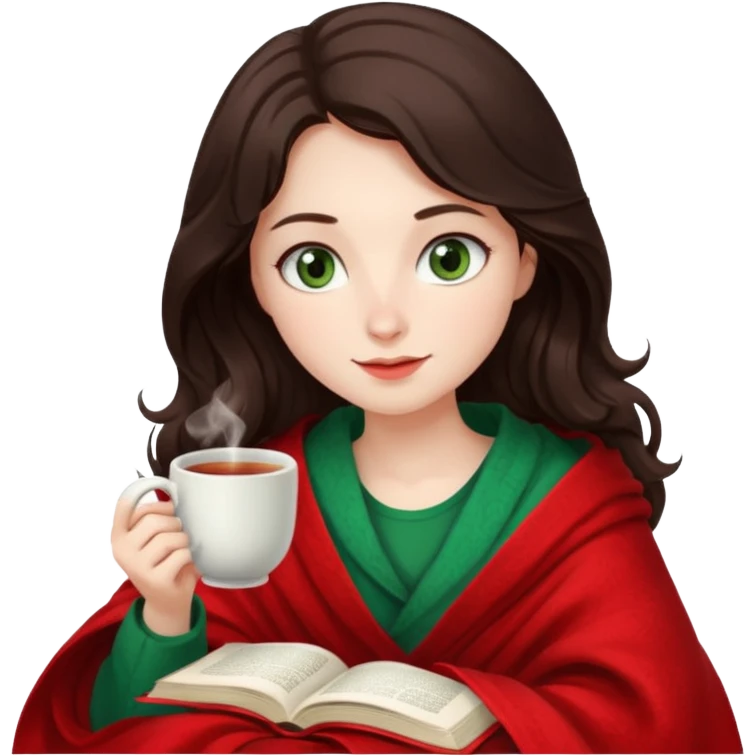 Long wavy dark brown haired, white skinned, dark green eyed girl wrapped in a red and white blanket, sipping tea and reading a book emoji