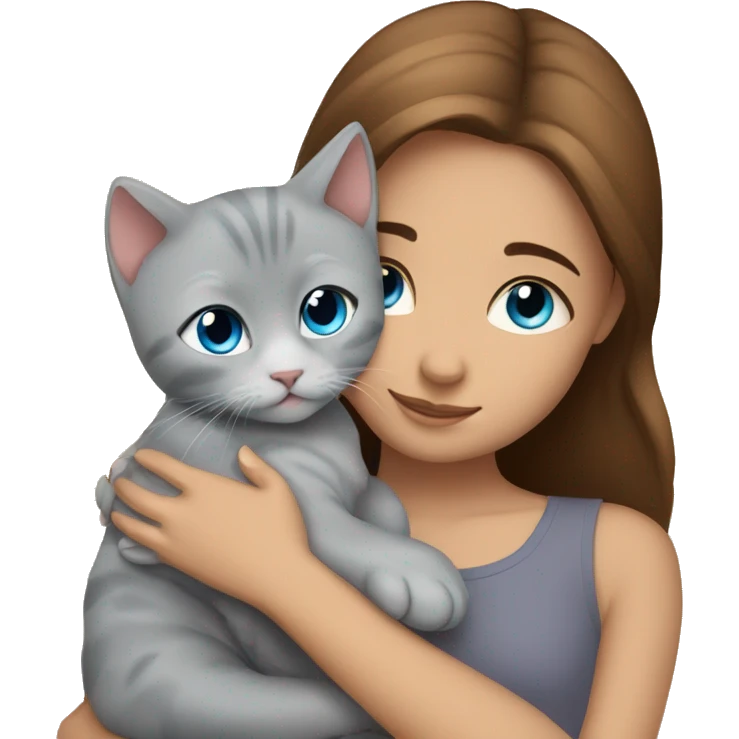 blue eyes grey kitten with two brown hair girls hugs emoji