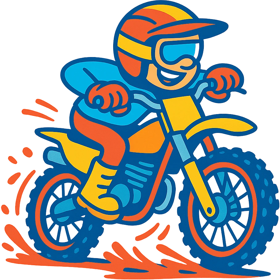 dirt bike racer, cartoon style, bright colors, exaggerated motion, fun and playful emoji