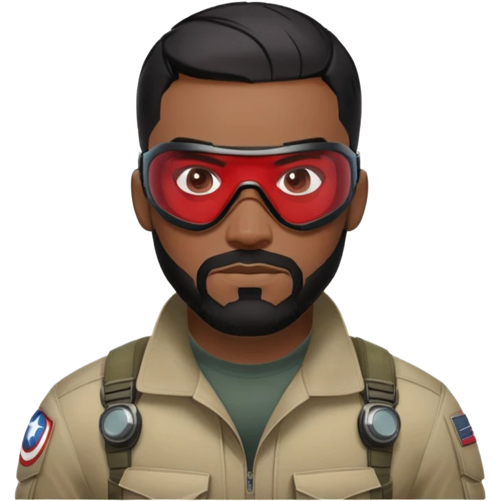 sam wilson have a short, neatly cropped black hair. It is evenly trimmed and close to the scalp, maintaining a clean and military-inspired and  a well-groomed beard that connects to his mustache,  wear sleek, red-tinted tactical goggles fit snugly from captain america: civil war emoji