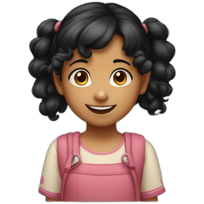 smiling and pointing 3 years old indian girl with black curly hair in pigtails emoji